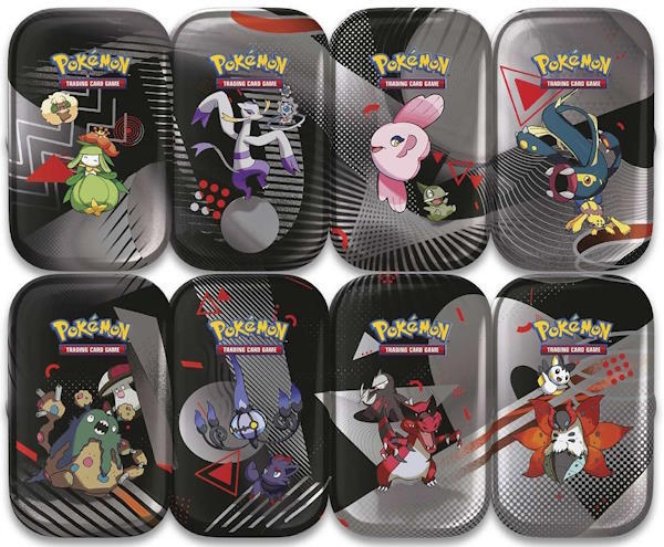 Denne Mini Tin kommer i 8 varianter med forskellige Pokémon - Her kan du se hvordan mønstret på æsken passer sammen hvis du har dem alle!