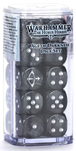 Et sæt af 20 perlemorssorte terninger med Age of Darkness tema