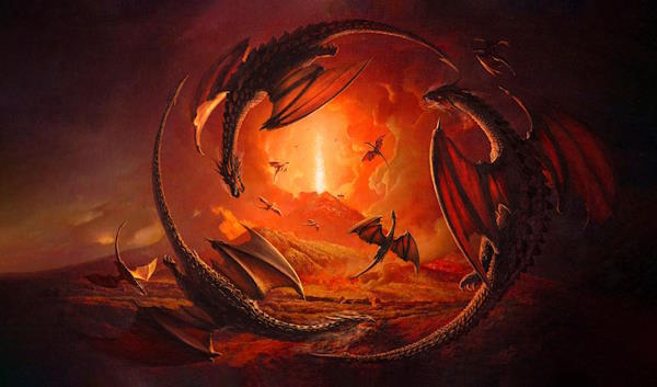 Måttens design viser en vulkan i udbrud og de drager der sværmer om den, som om det var et oldgammelt ritual.